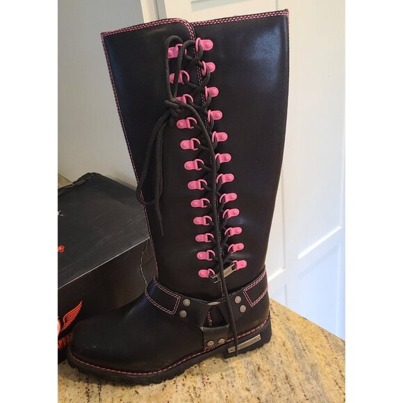 New? Women's Size 10 Motorcycle Boots Pink Black Lace up Zipper Dream Apparel® - Picture 3 of 12